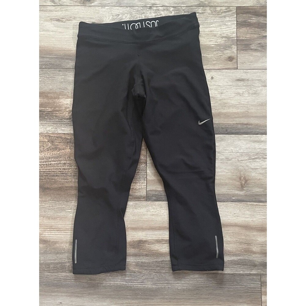 Nike Dri-FIT Capri Leggings Women M Black Running Drawstring Reflective Active